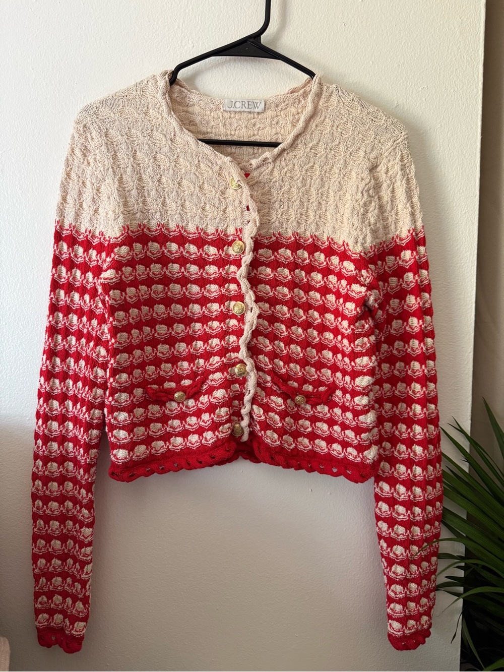 J. Crew Red and Cream Cropped Knit Blazer